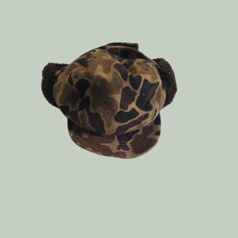 Woolrich Vintage Duck Camo Wool Gore-Tex Hunter Hat Brown Faux Fur Trim Mens L
